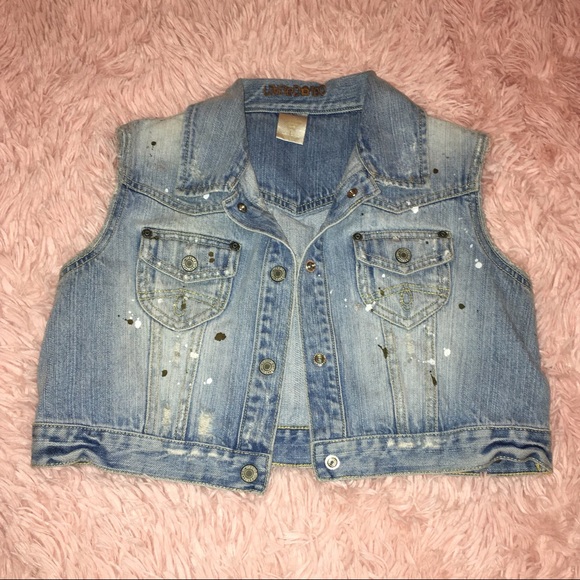 DISTRESSED BLUE DENIM COLLARED VEST W/ PAINT SPLATTER · SIZE L GIRLS, S/M WOMENS - Picture 6 of 6